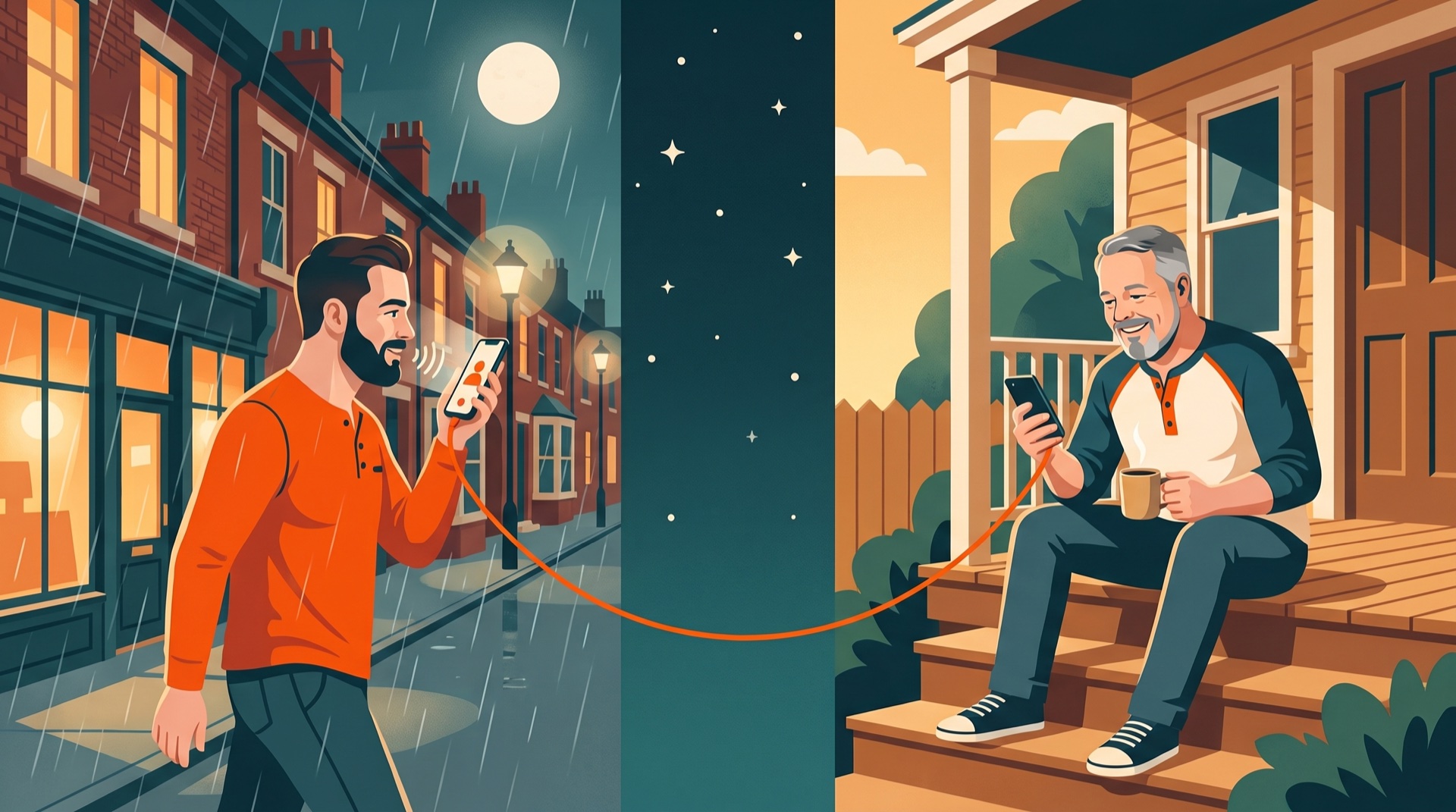 Split screen: a man records a video message on a rainy street at night while his friend watches it on a sunny porch an ocean away