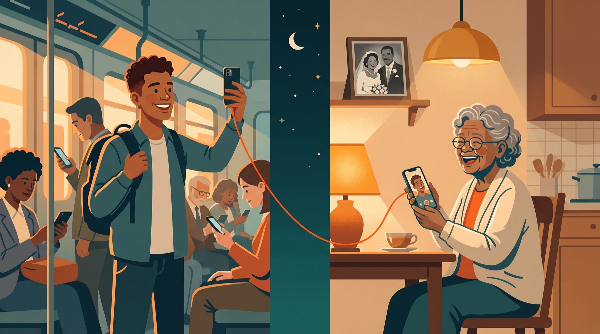 A young man records a quick video on a crowded train while his grandmother laughs watching it in her kitchen